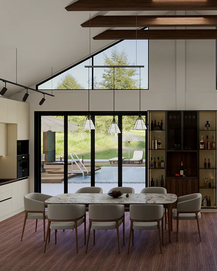 Modern dining room with a high vaulted ceiling, exposed wooden beams, large windows and a marble dining table.
