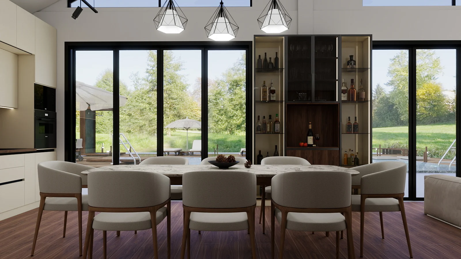 Luxury dining room with a marble dining table, upholstered chairs and a custom glass display cabinet overlooking the garden.