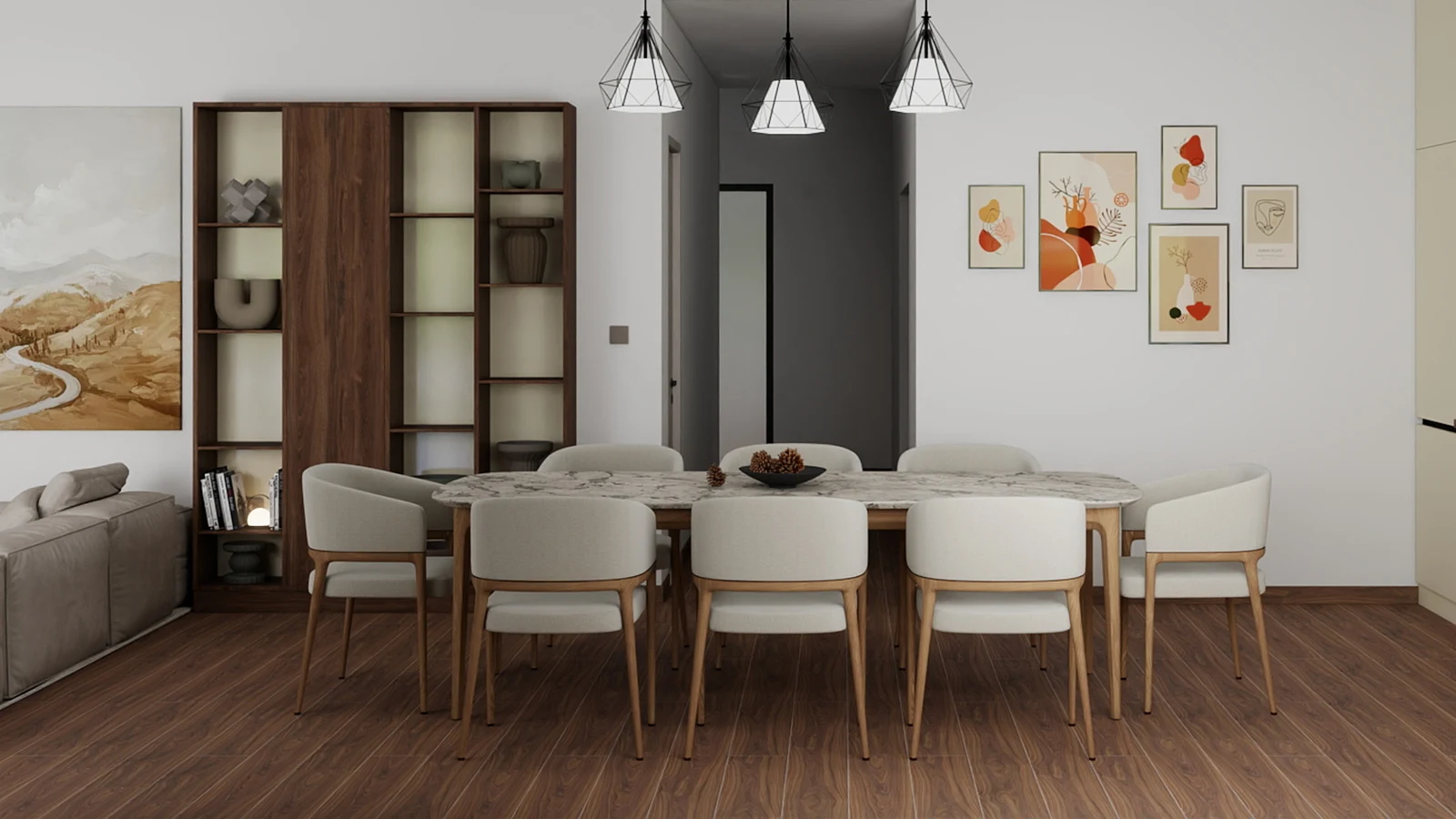 Modern dining room with a marble table, upholstered wooden chairs, custom shelving and a gallery wall.