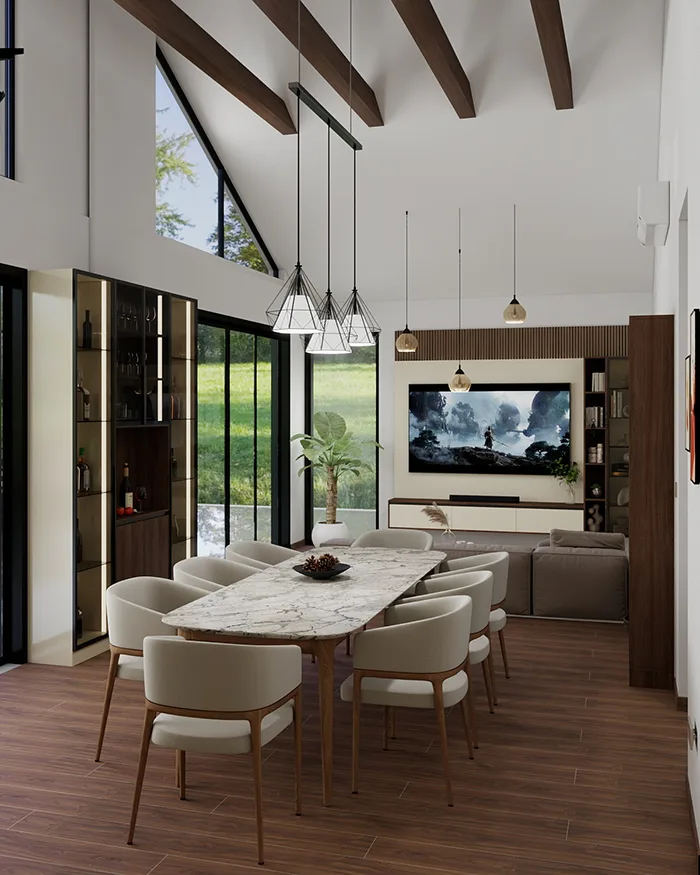 Modern open-plan dining room with a large marble table, upholstered chairs and exposed wooden ceiling beams.