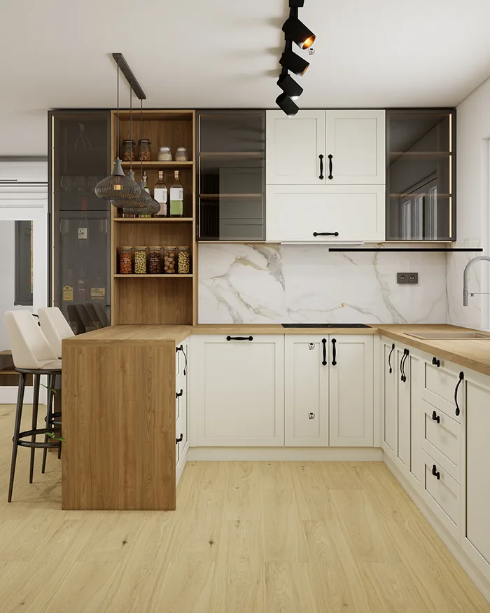 Dining area connected to the kitchen, with dining table, wood details and custom furniture
