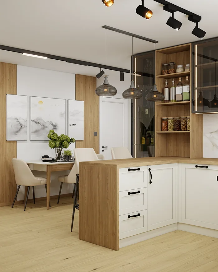 Dining area next to the kitchen with peninsula, bar stools, wood details and modern pendant lighting