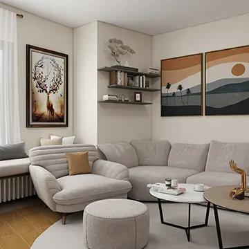 Interior design of a cozy, inviting living room in warm beige tones, perfectly balanced with natural colors.