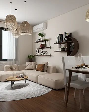 Interior planning and interior design of a modern living room in neutral tones that bring a touch of luxury to the interior. Arrangement and furnishing of a modern apartment in Belgrade.