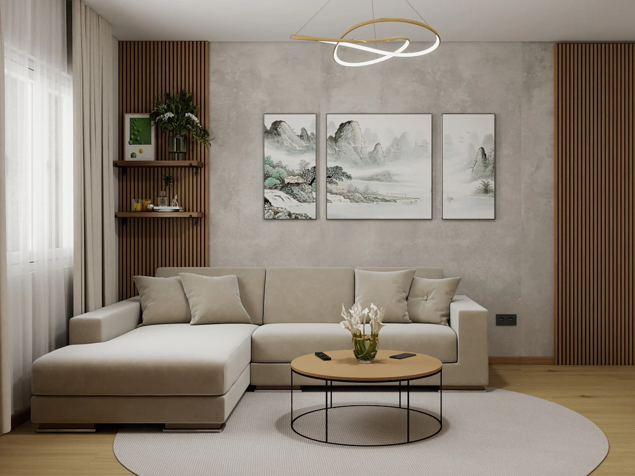 Luxury living room with a modern TV wall clad in black stone panels, minimalist furniture, and large skylight windows bringing in natural light. The interior blends elegance and functionality in a contemporary lux style.
