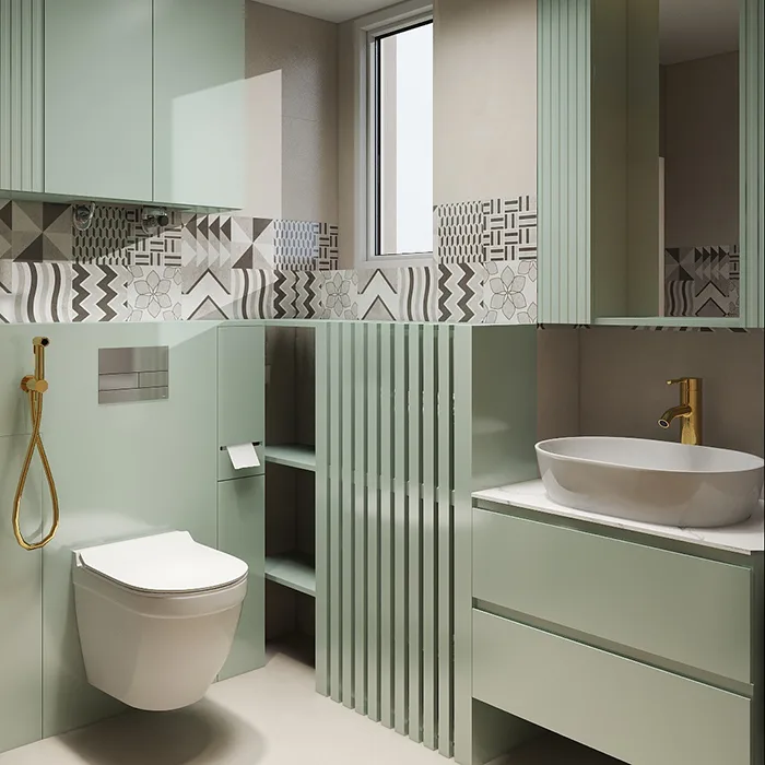 Dizajn luksuznog kupatila u zelenoj boji sa visećom komodom i umivaonikom, skrivenim prostorom za odlaganje, ugradnim toaletom i mesinganim detaljima.
