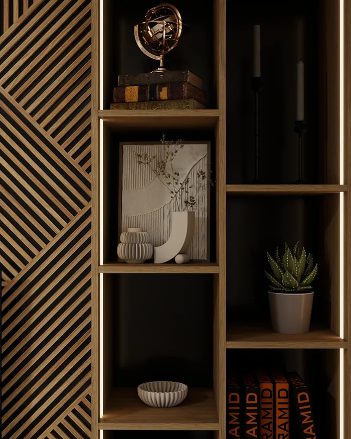 Custom shelves with LED lighting and decorative wooden wall panel in a modern interior