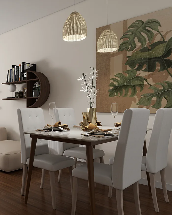 Modern dining room with dining table, upholstered chairs, pendant lighting and wall decor